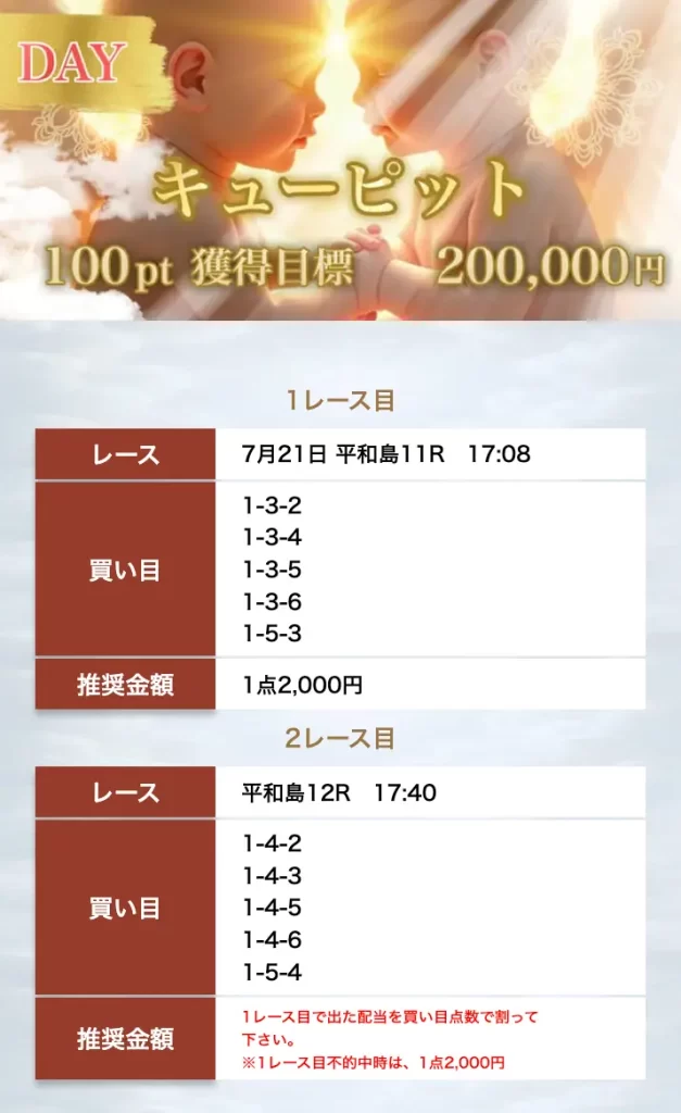優良競艇予想サイト「ボートヘブン」有料予想「キューピット」買い目0721デイ