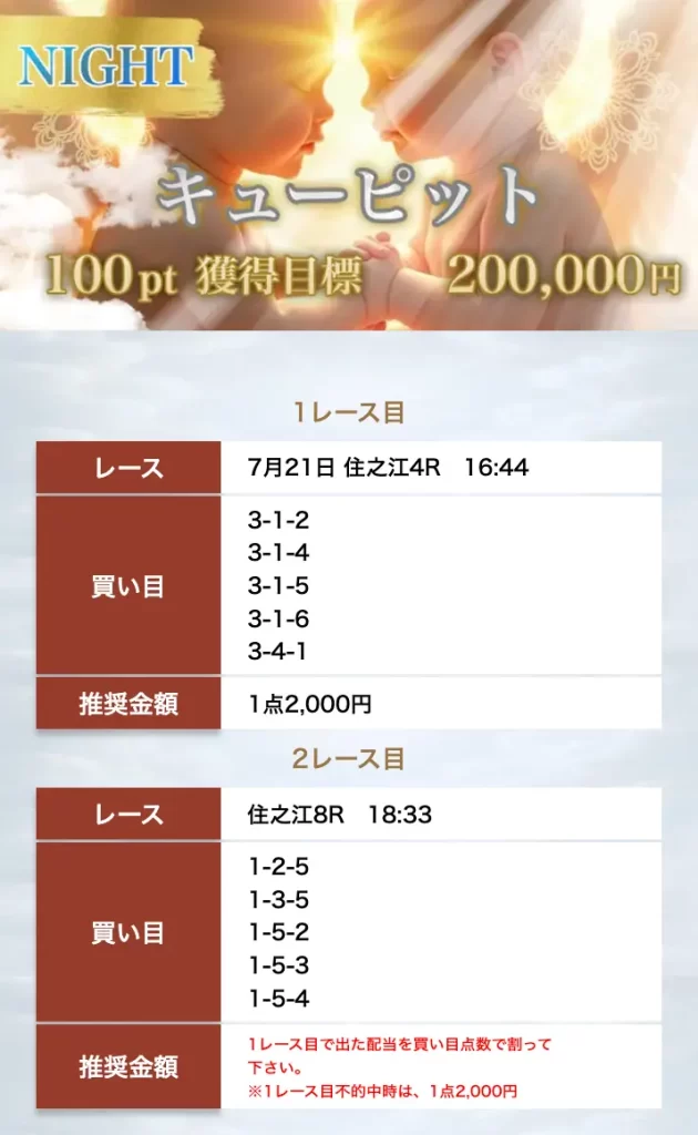 優良競艇予想サイト「ボートヘブン」有料予想「キューピット」買い目0721ナイト