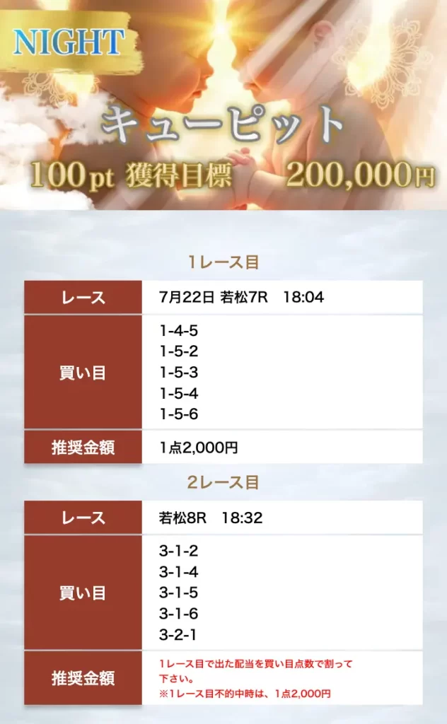 優良競艇予想サイト「ボートヘブン」有料予想「キューピット」買い目0722ナイト