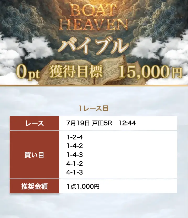 優良競艇予想サイト「ボートヘブン」無料予想「バイブル」買い目