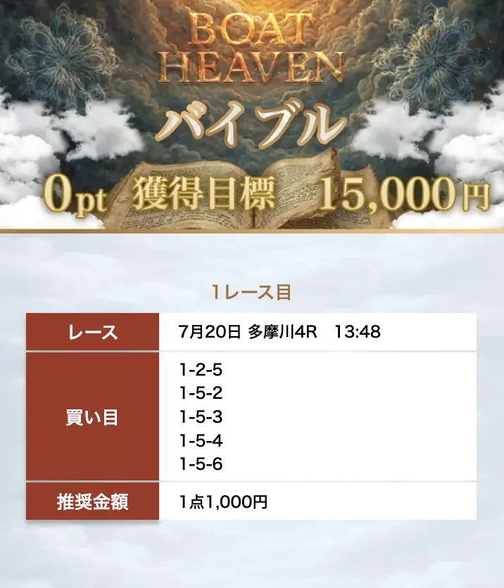 優良競艇予想サイト「ボートヘブン」無料予想「バイブル」買い目2