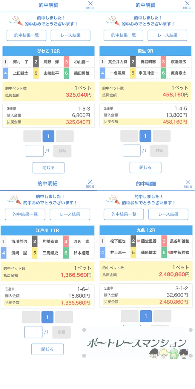 | ボートレースマンション 競艇予想サイト「ボートファンタジー」払い戻し画像