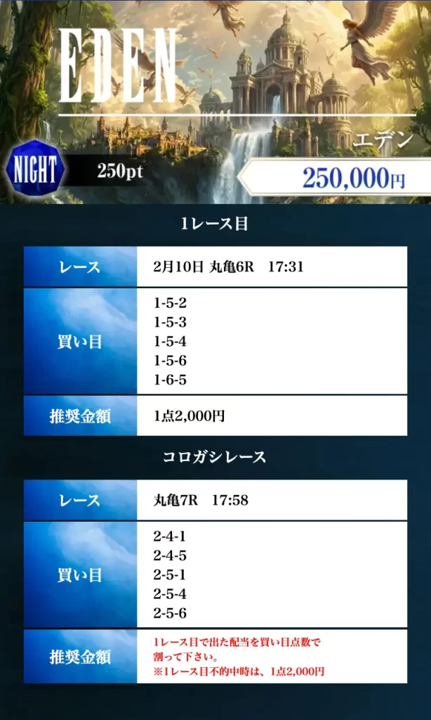 | ボートレースマンション 競艇予想サイト「ボートファンタジー」有料予想「エデン ナイト」2/10買い目